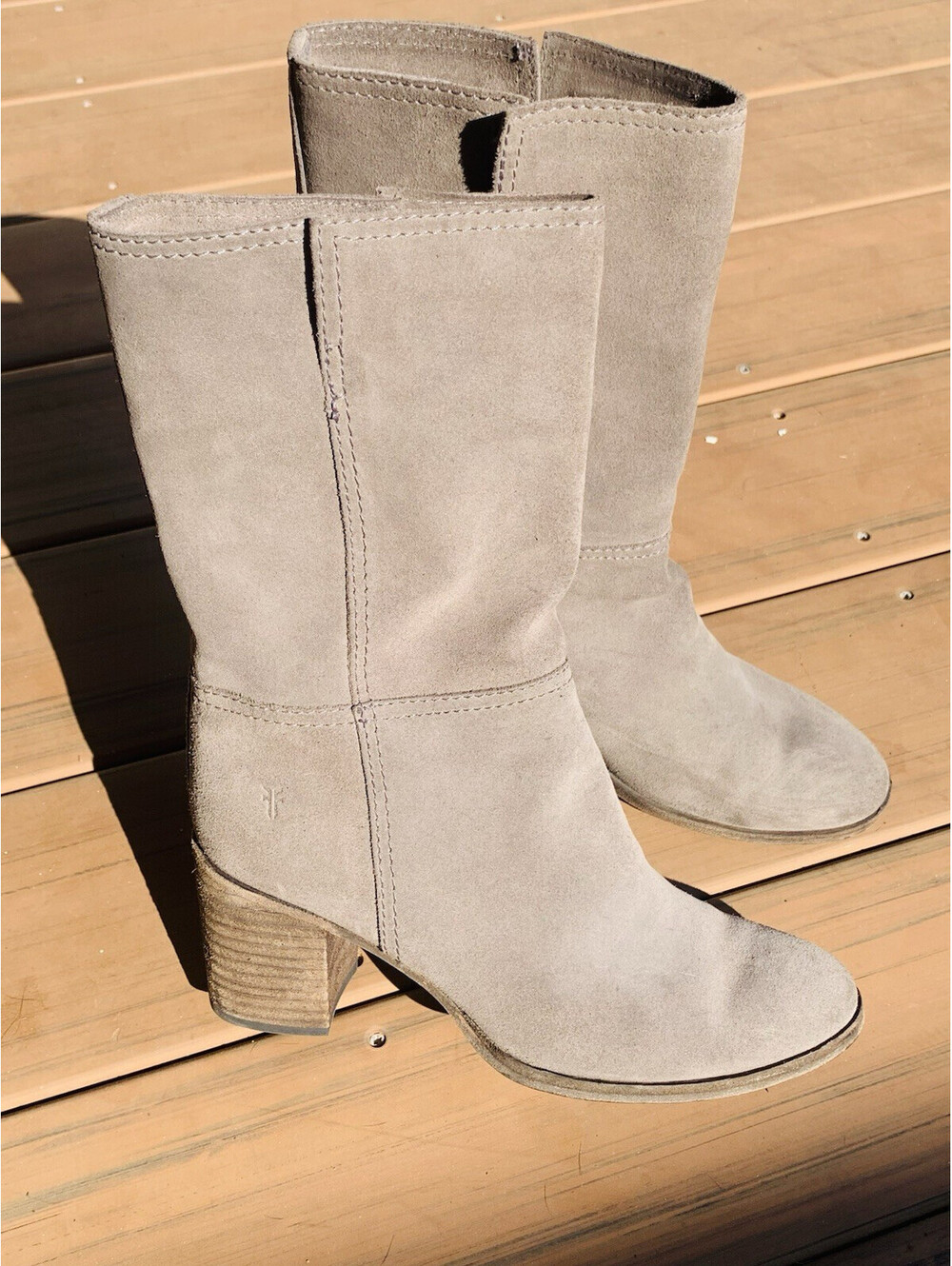 Frye Taupe Suede Leather Mid-Calf Western Cow Girl Boho Boots Women's 7B - Picture 3 of 15